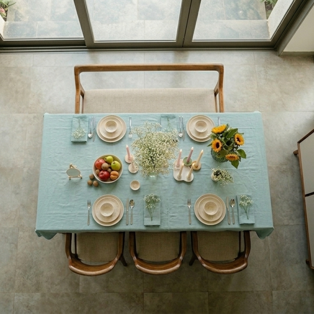Dining table set with a light blue tablecloth, plates, and flowers in a well-lit room.