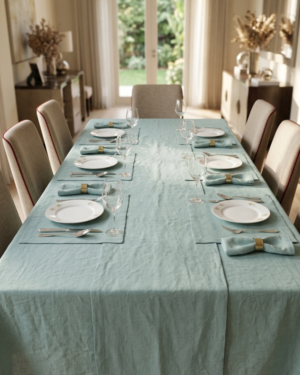 Dining table set with light blue tablecloth, plates, and napkins in a bright room.