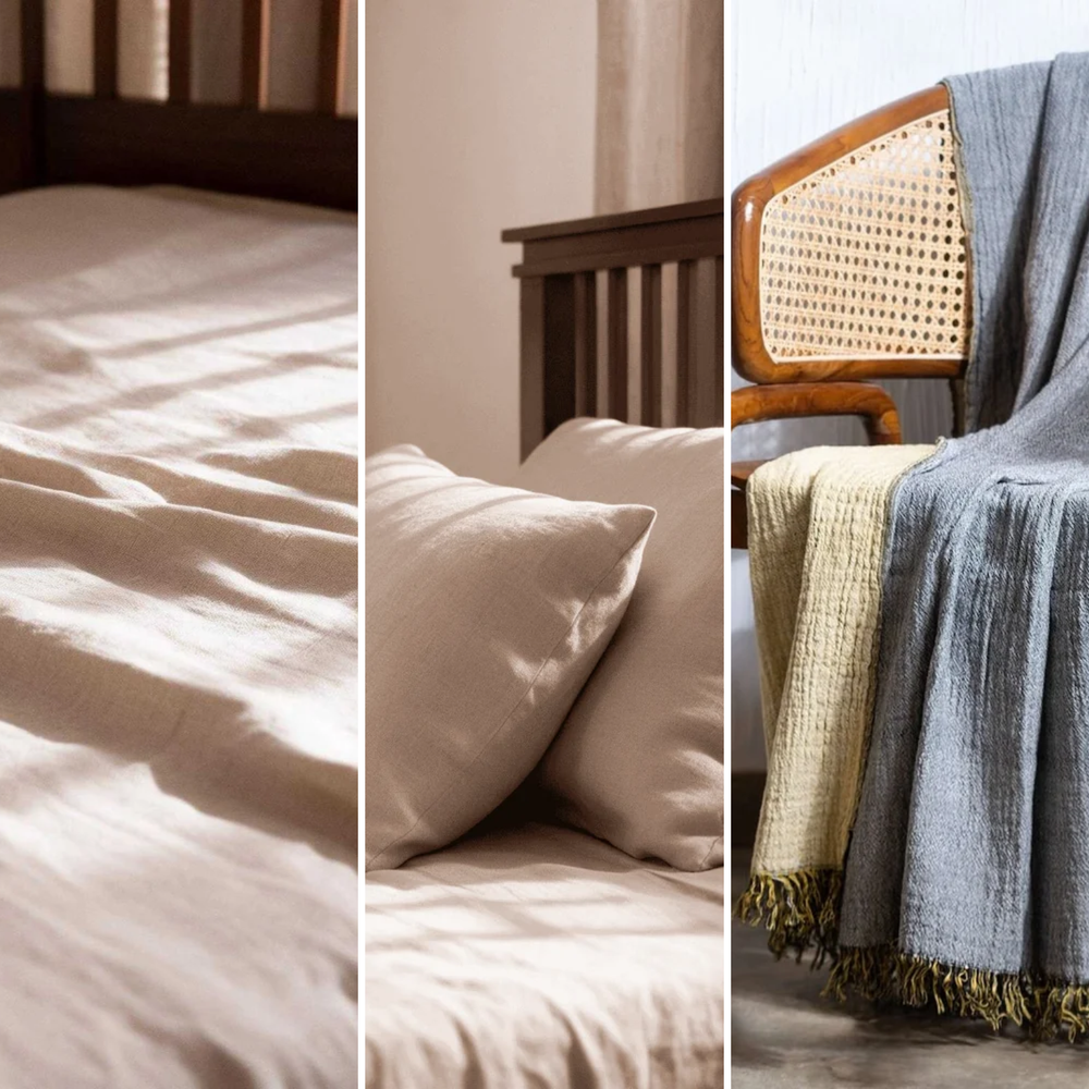 Linen Flat Sheet Set with 2 Pillow Covers & Throw