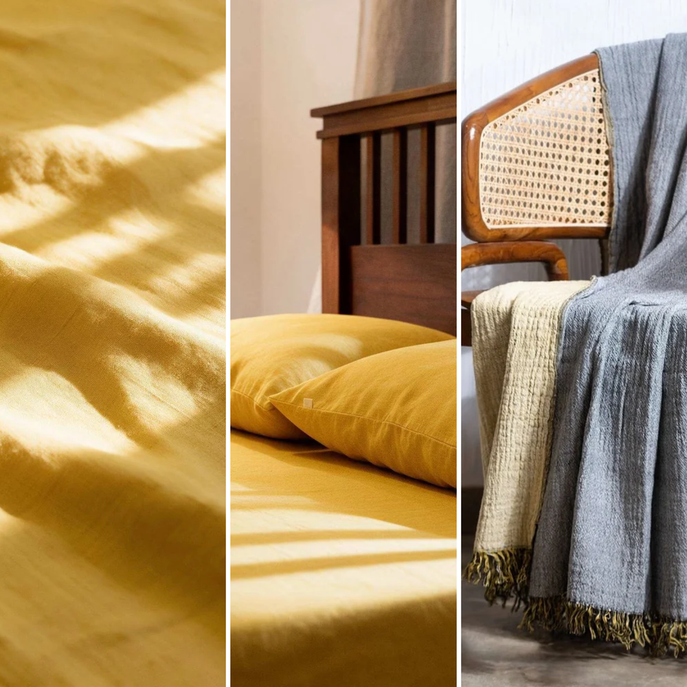 Linen Flat Sheet Set with 2 Pillow Covers & Throw