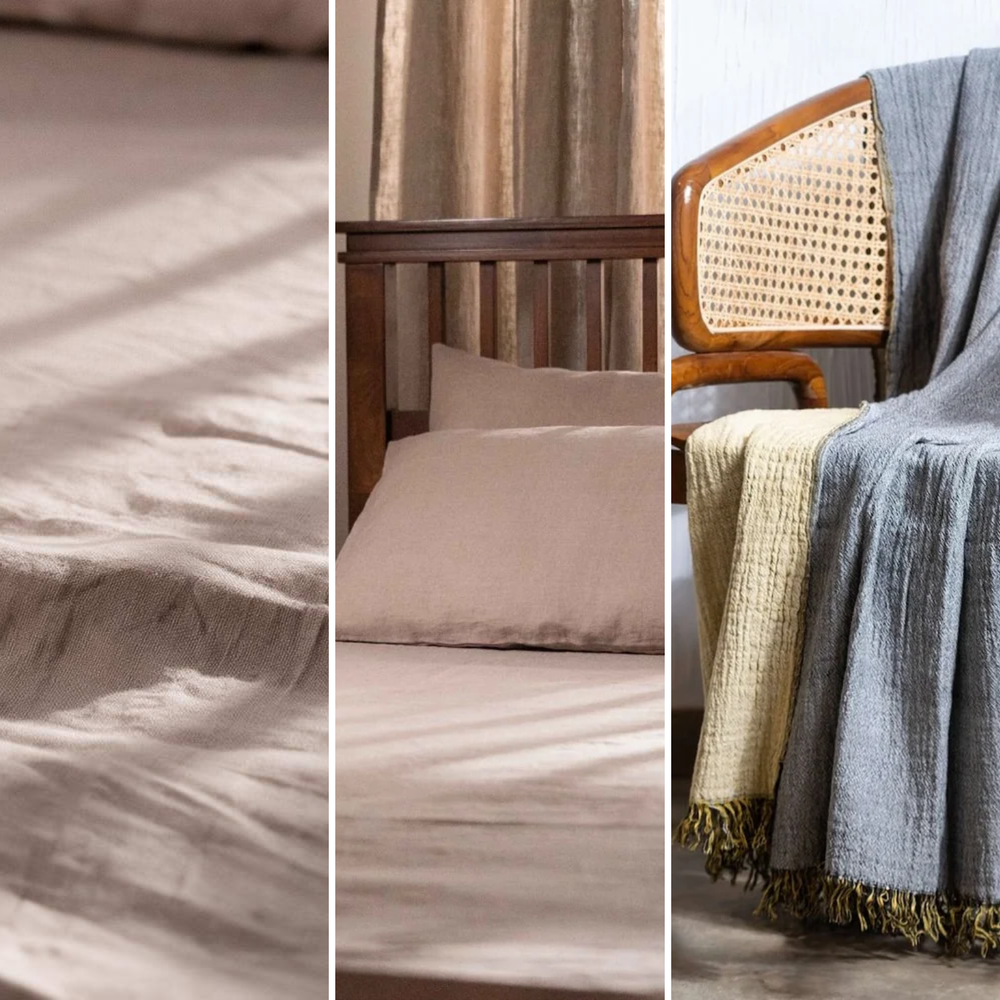 Linen Flat Sheet Set with 2 Pillow Covers & Throw