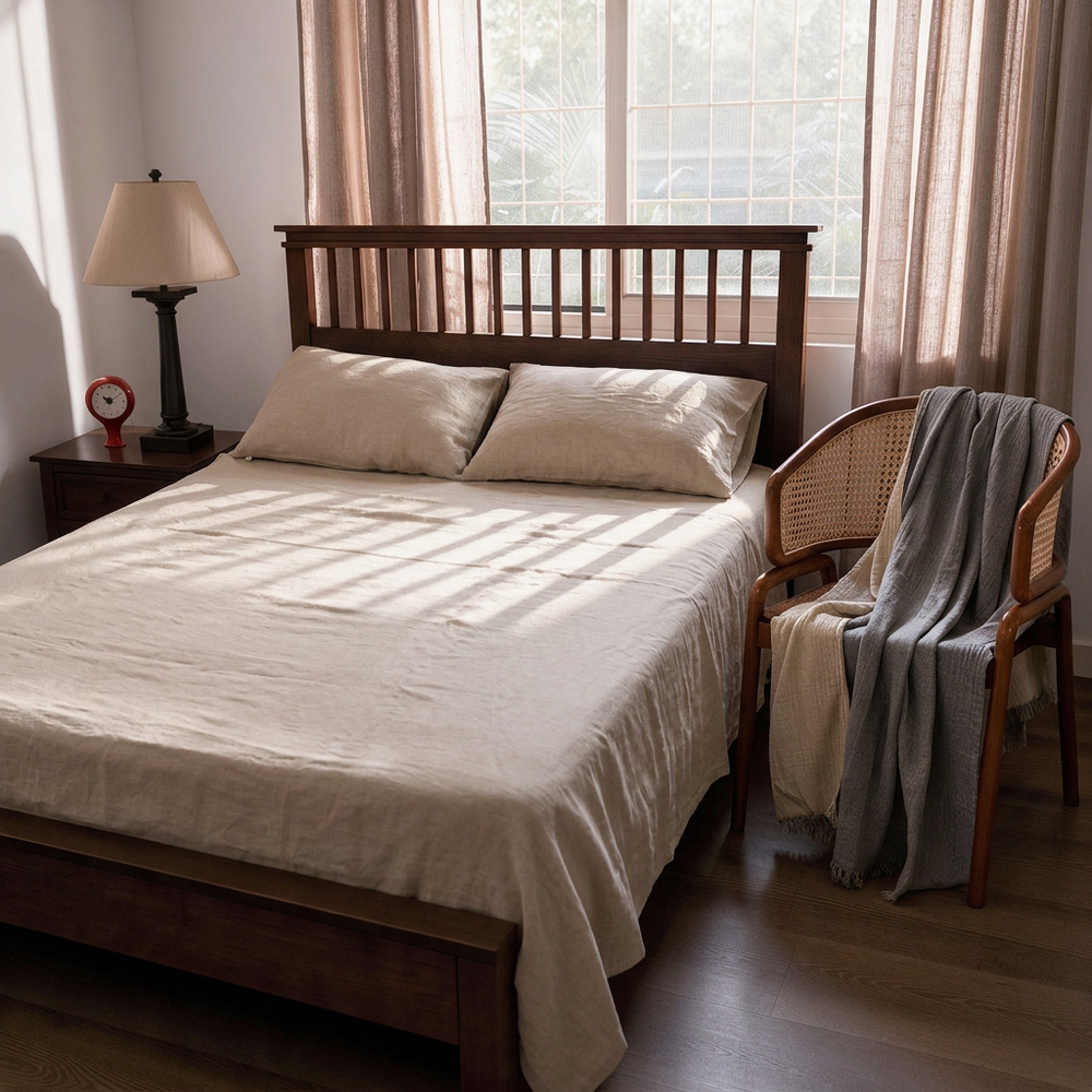 Linen Flat Sheet Set with 2 Pillow Covers & Throw
