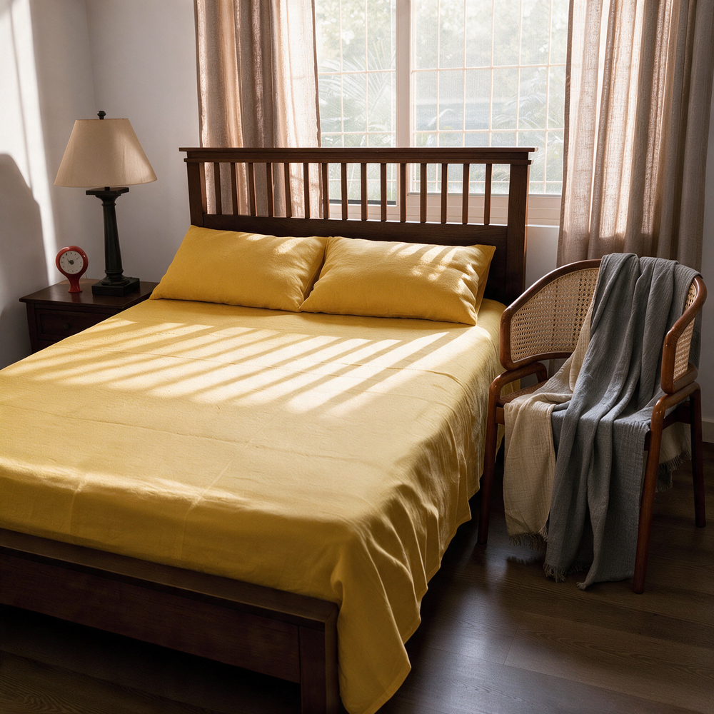 Linen Flat Sheet Set with 2 Pillow Covers & Throw