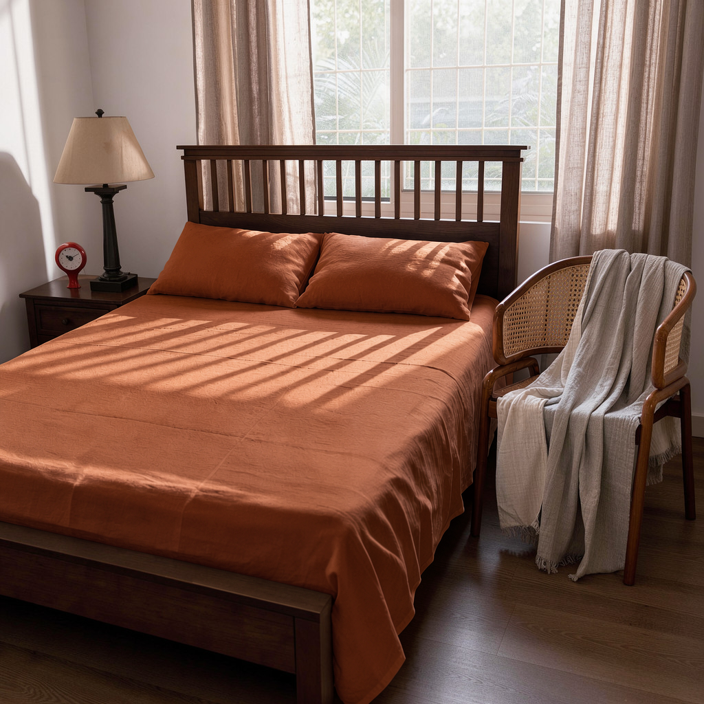 Linen Flat Sheet Set with 2 Pillow Covers & Throw