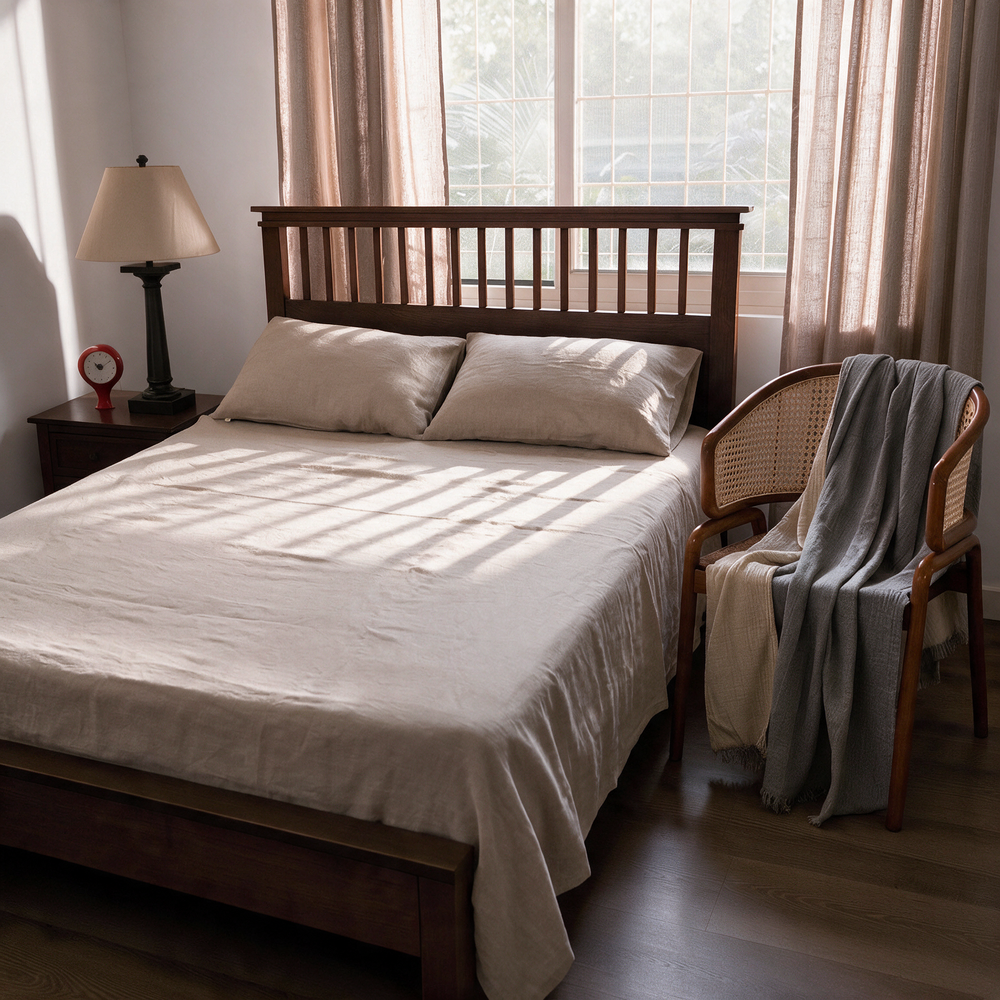 Linen Flat Sheet Set with 2 Pillow Covers & Throw