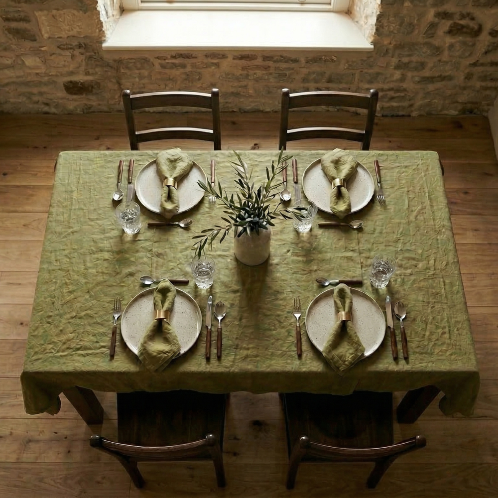Dining table set with green tablecloth, plates, cutlery, and a plant in a rustic setting.