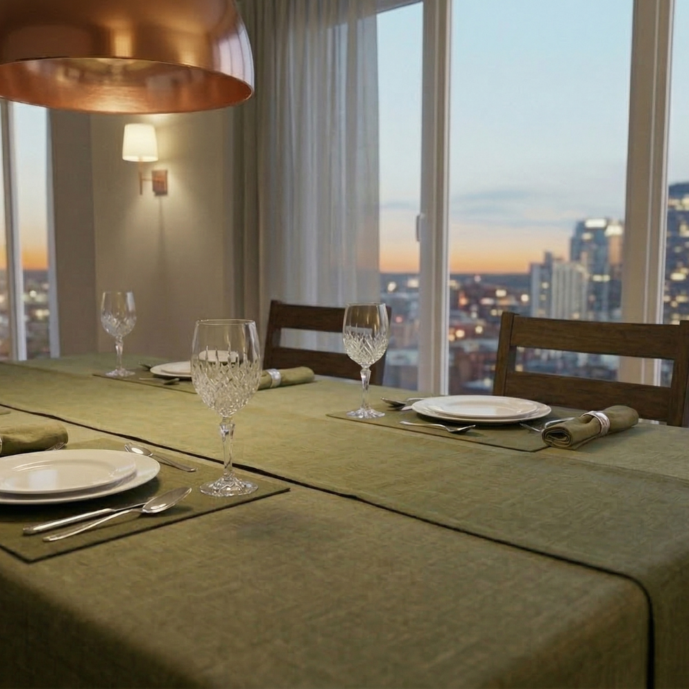Dining table set with plates, glasses, and cutlery in a room with large windows showing a cityscape.