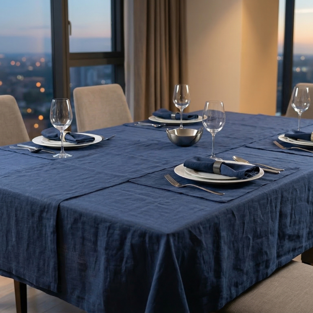 Dining table set with blue tablecloth, plates, glasses, and cutlery in a room with large windows showing city lights.