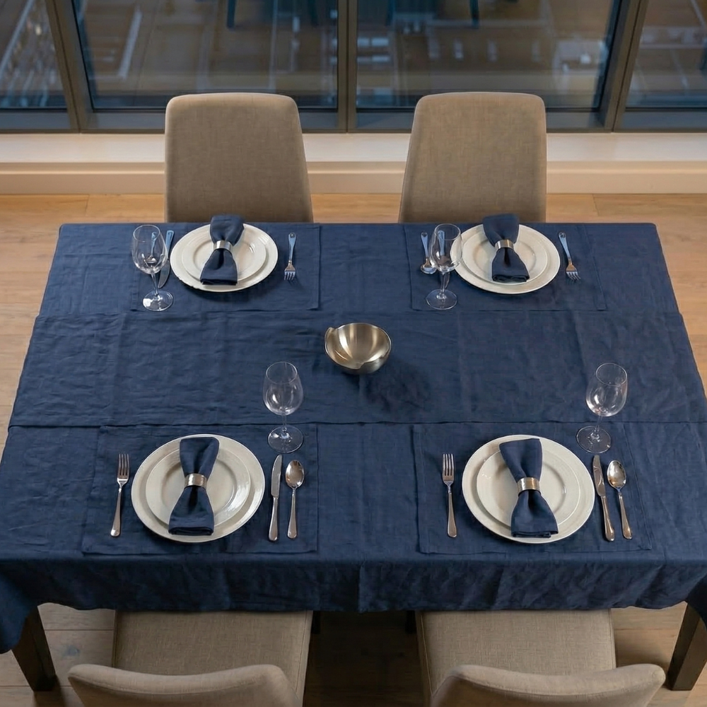 Dining table set with blue tablecloth, plates, silverware, and glasses in a modern kitchen.