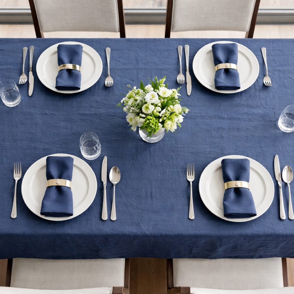 Elegant table setting with blue napkins, white plates, and silverware on a blue tablecloth.