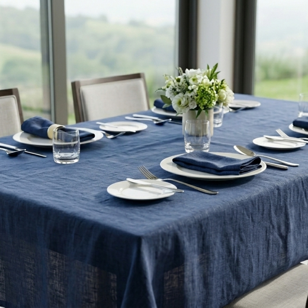 Dining table set with blue tablecloth, white plates, silverware, and a vase of flowers.