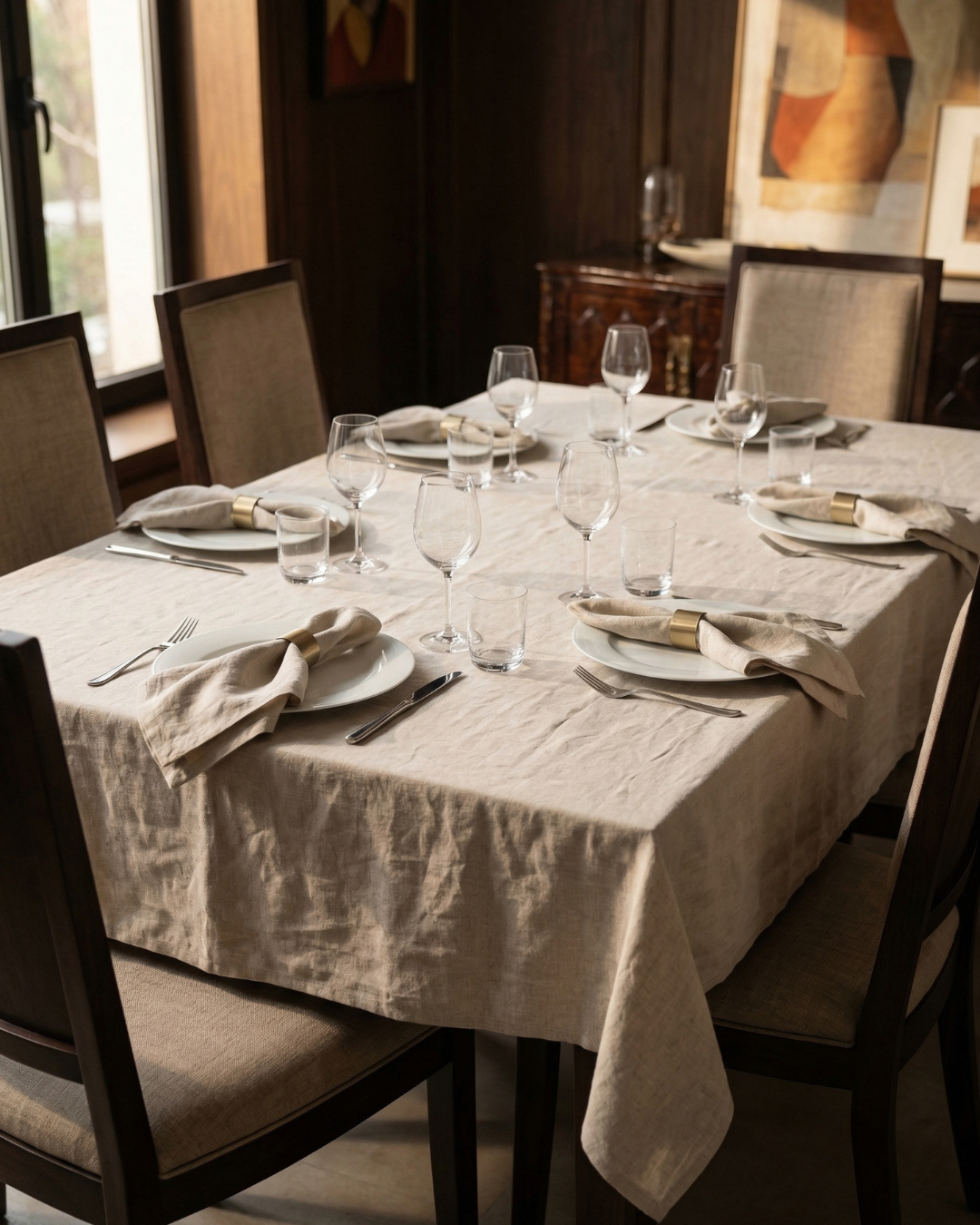 Dining table set with plates, glasses, and cutlery in a cozy room.