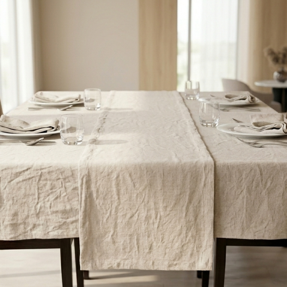 Dining table set with white tablecloth, plates, and glasses in a bright room.