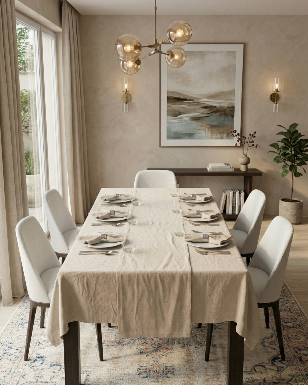 Dining room with a long table set for dinner, chairs, and decor.