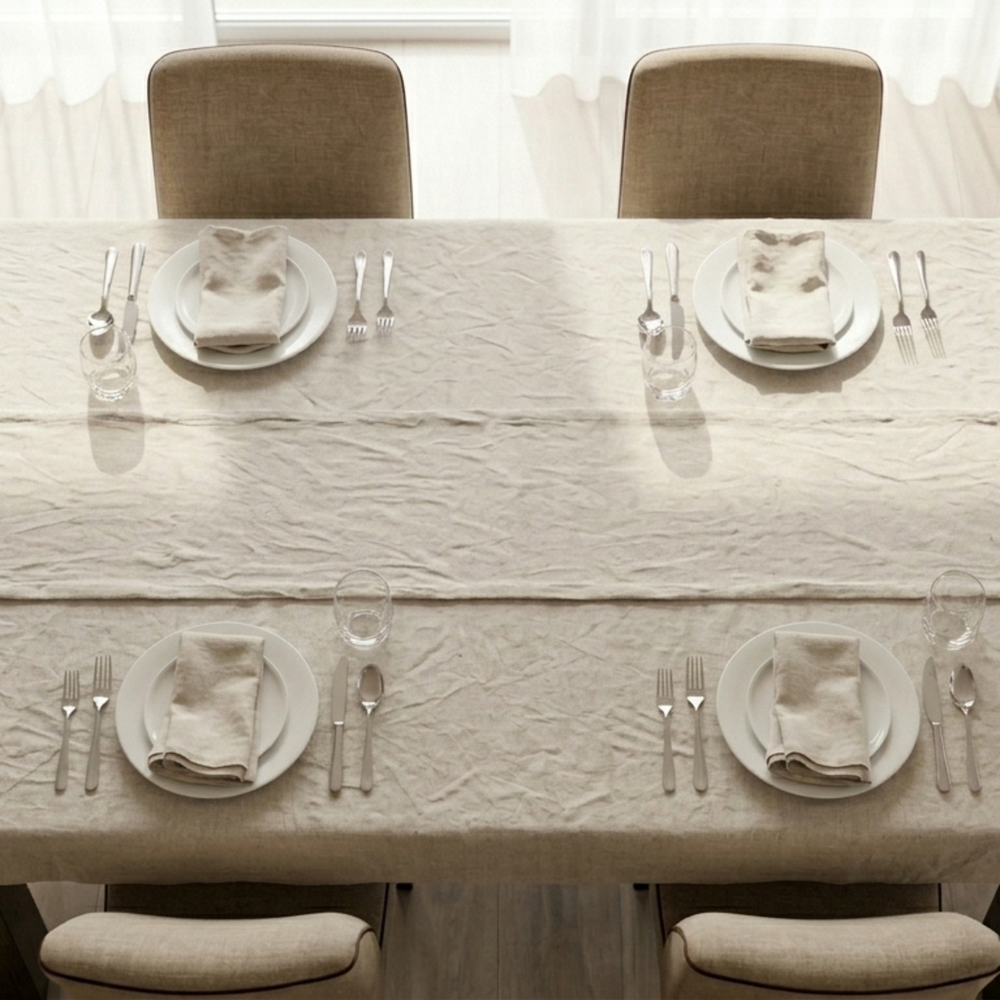 Dining table set with plates, silverware, and napkins on a wooden table.