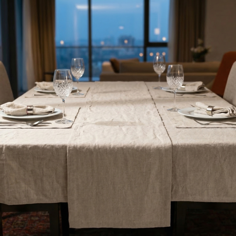 Dining table set with plates, glasses, and cutlery in a room with a cityscape view.