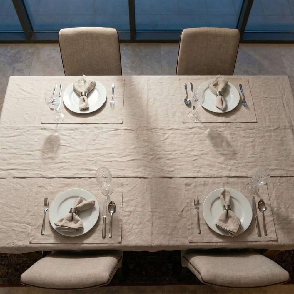 Dining table set with plates, silverware, and glasses on a wooden table.