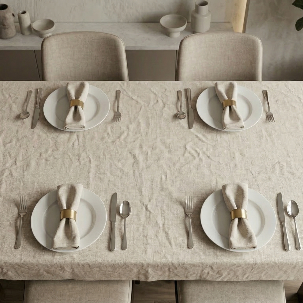 Dining table set with plates, cutlery, and napkins on a textured tablecloth.