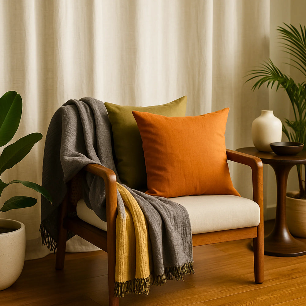 Chair with colorful cushions and a blanket in a cozy living room setting
