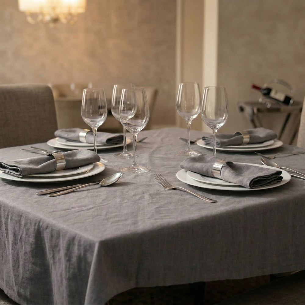 Dining table set with plates, glasses, and silverware on a gray tablecloth.