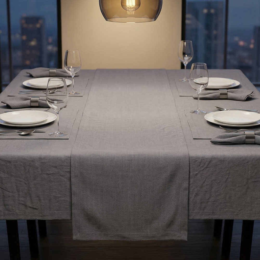 Dining table set with gray tablecloth, plates, glasses, and cutlery in a room with cityscape view.
