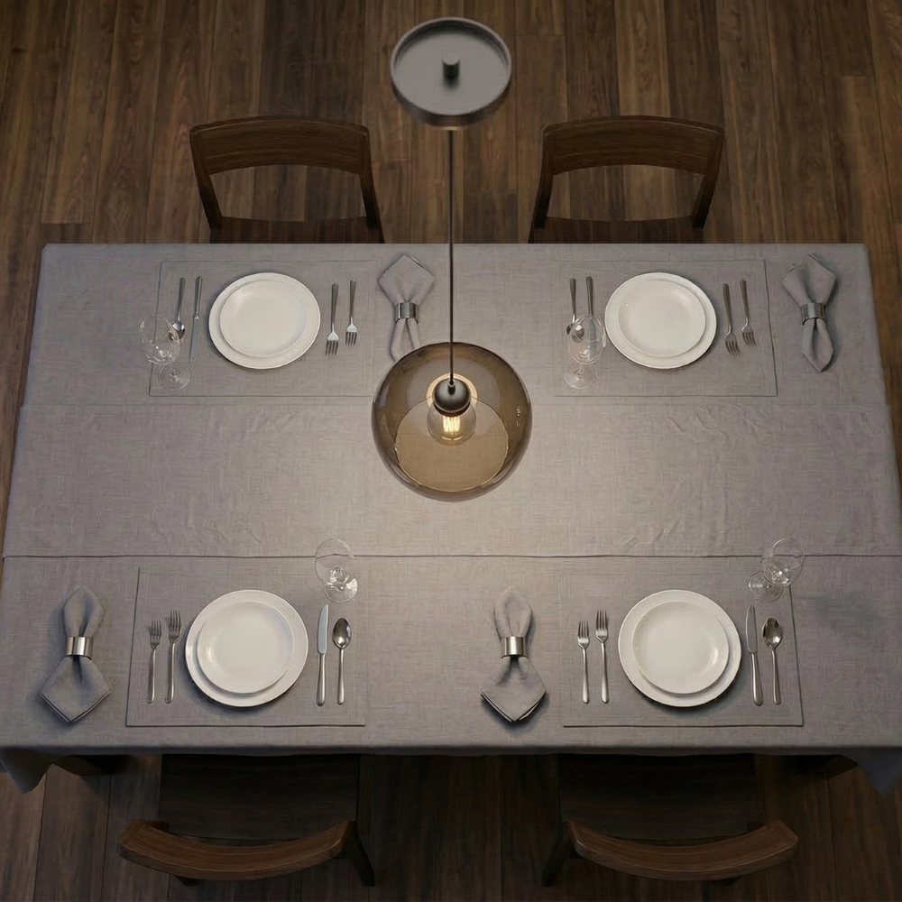 Dining table set with plates, silverware, and glasses on a gray tablecloth.