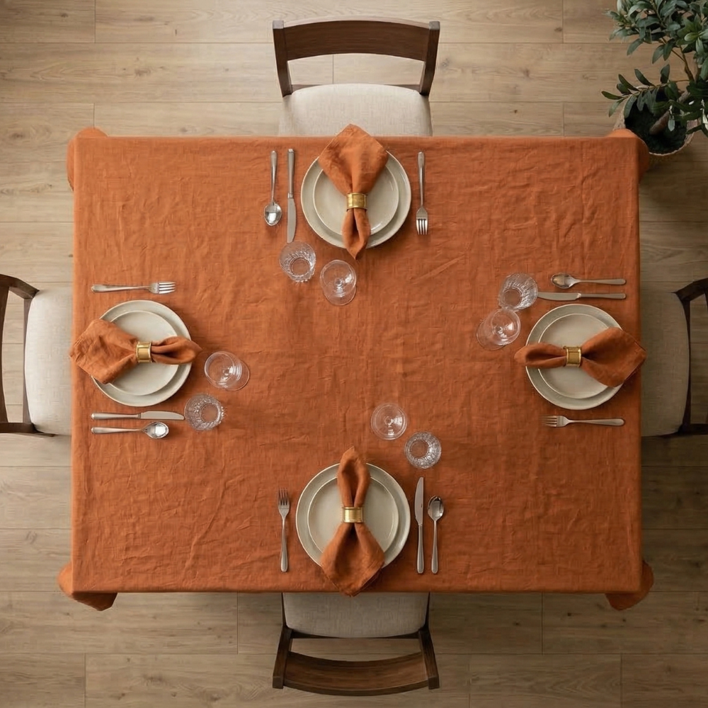 Dining table set with an orange tablecloth, plates, silverware, and napkins on a wooden floor.