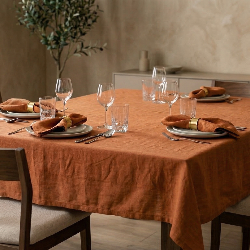 Dining table set with orange tablecloth, plates, glasses, and napkins in a cozy room.