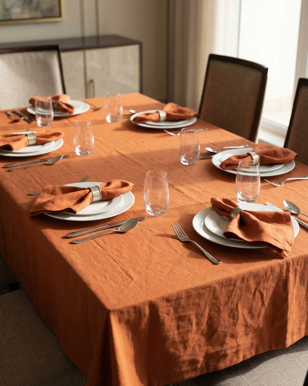Dining table set with orange napkins and glassware in a well-lit room.