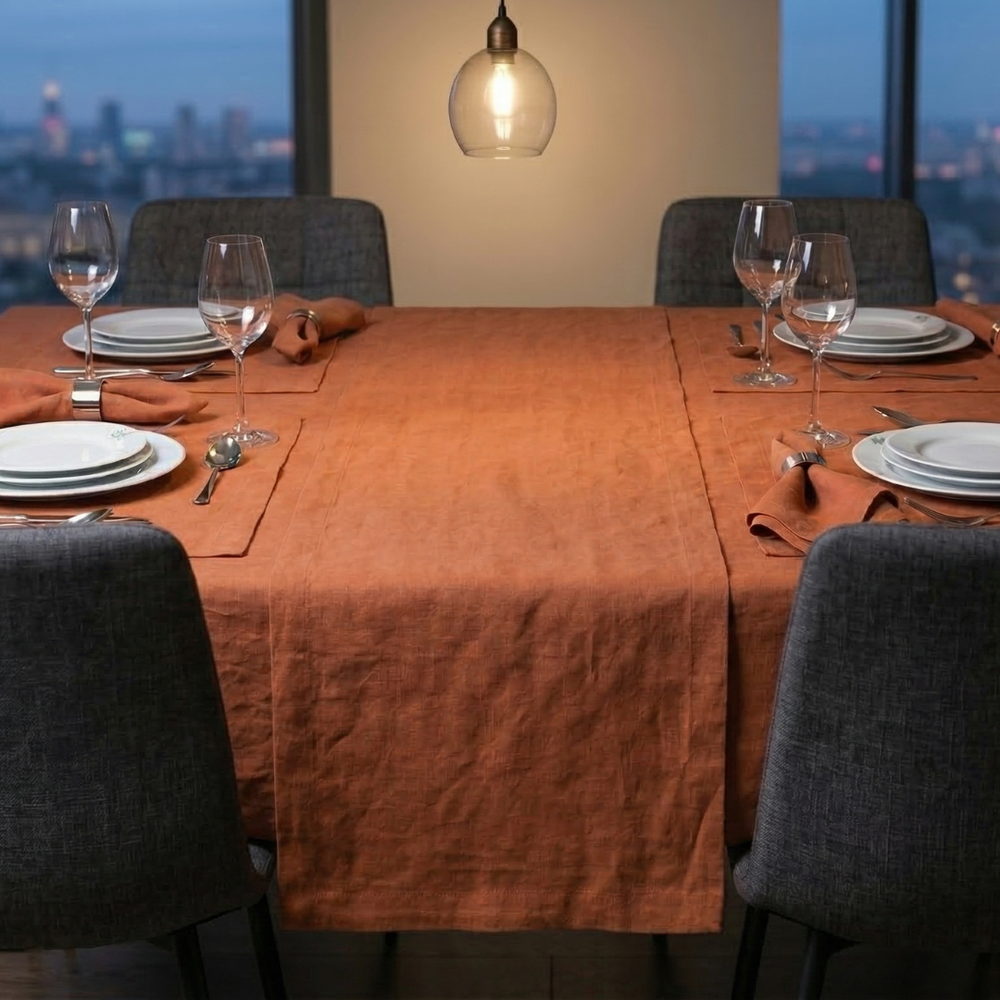 Dining table set with plates, glasses, and cutlery in a room with a cityscape view.