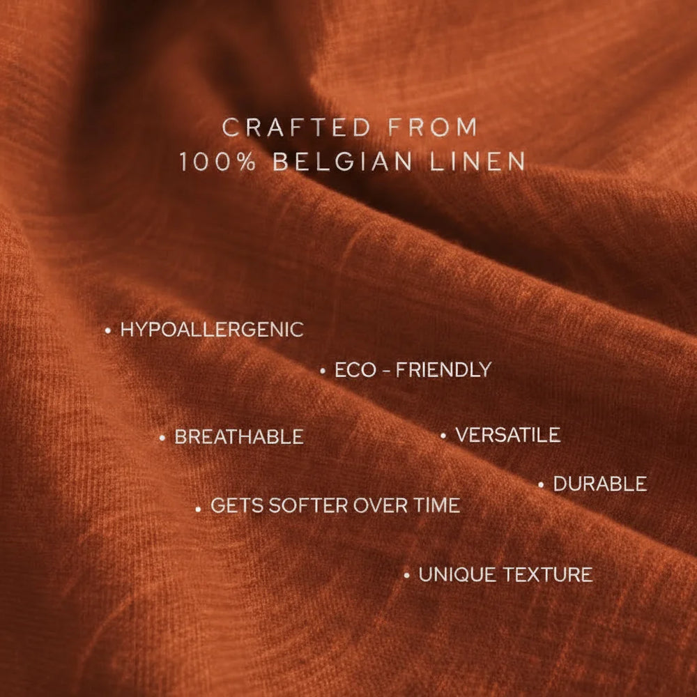 Brown fabric with text highlighting features of 100% Belgian linen