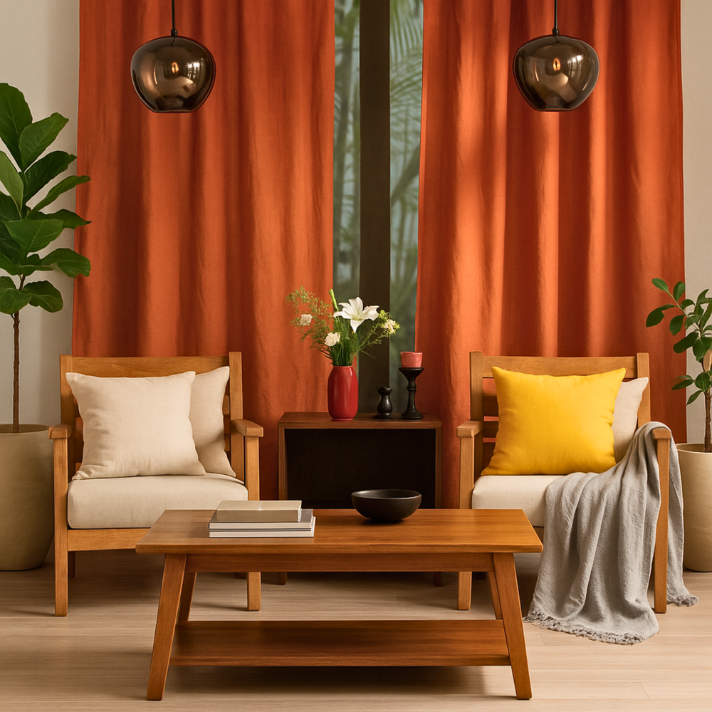 Living room with wooden furniture, orange curtains, and decorative items.