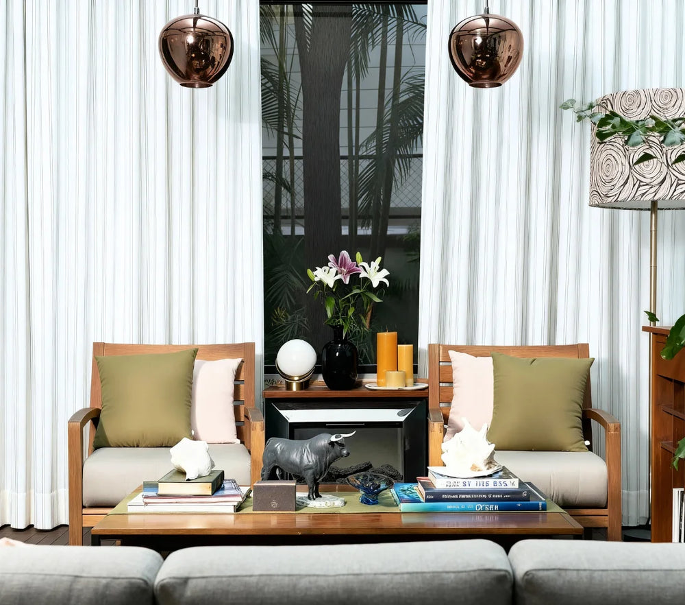 Modern living room with wooden furniture, decorative pillows, and a coffee table.
