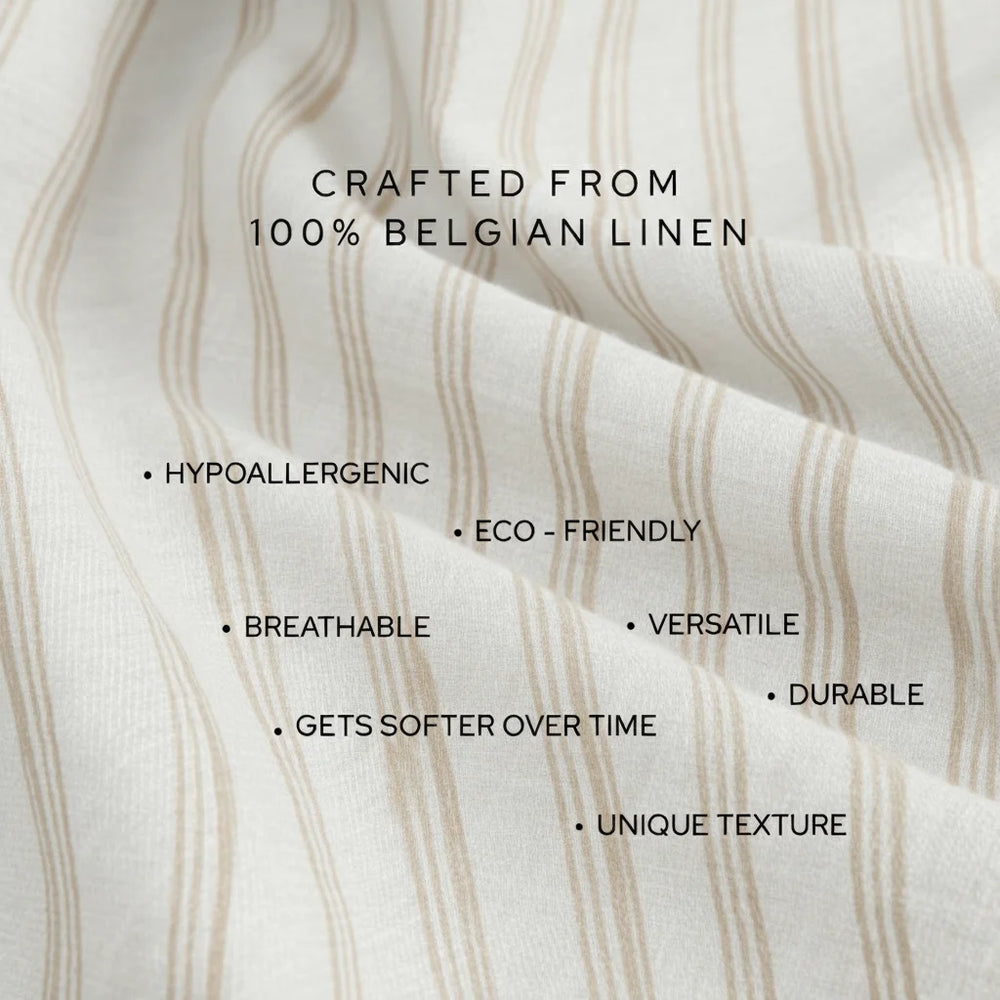 Textured fabric with features of 100% Belgian linen highlighted.
