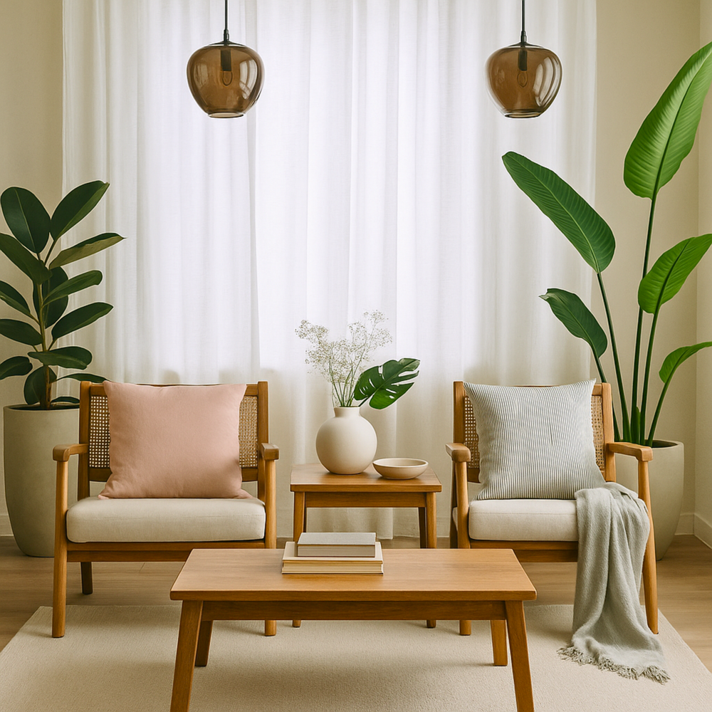 Modern living room with wooden furniture, plants, and neutral decor.