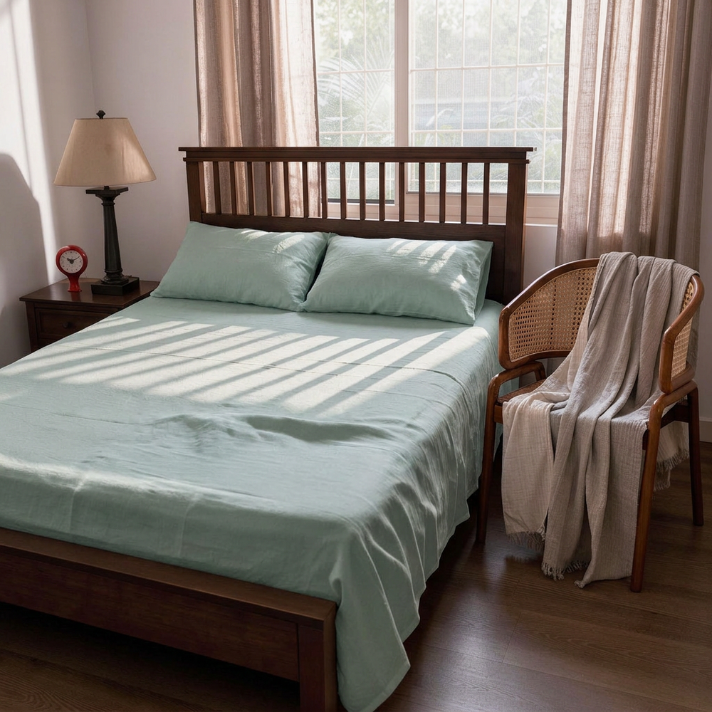Linen Flat Sheet Set with 2 Pillow Covers & Throw